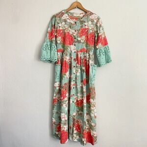 Bombay Paisley Floral Dress Women Size XS Blue Red Eyelet Cottagecore
